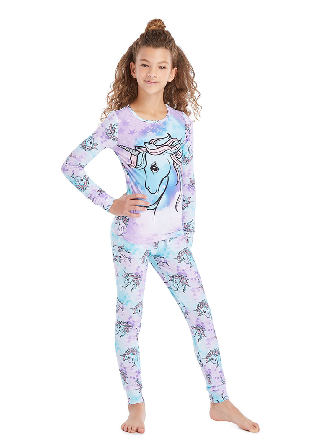 Girls wearing Unicorn Pajama Set in Aqua colour