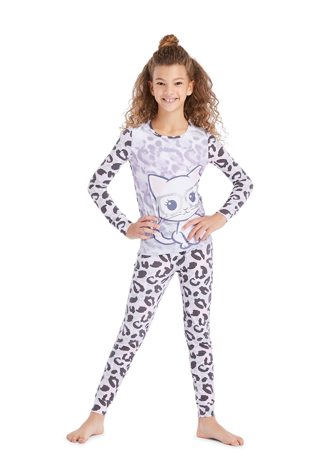 Girl wearing Grey Cat Pajama Set
