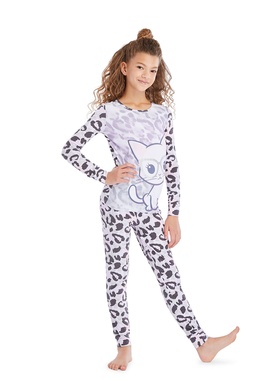 Cute Girl wearing Grey Cat Pajama Set