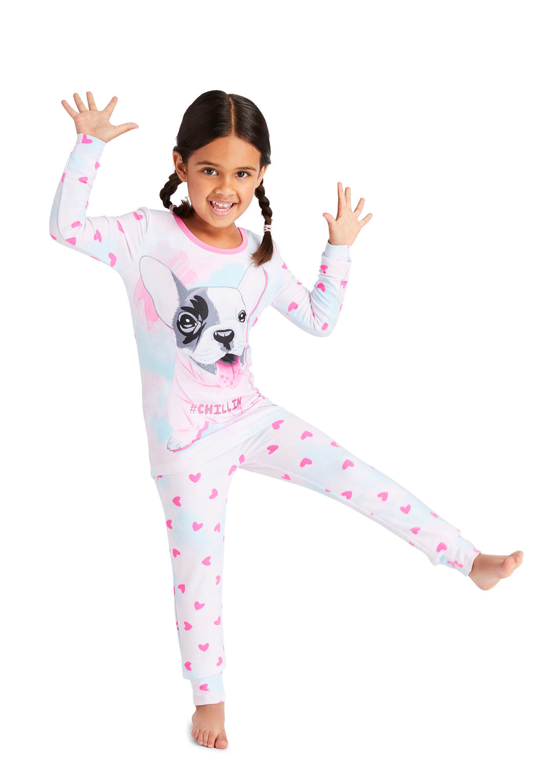 Fun Little Girl wearing Pink Dog Pajama Set
