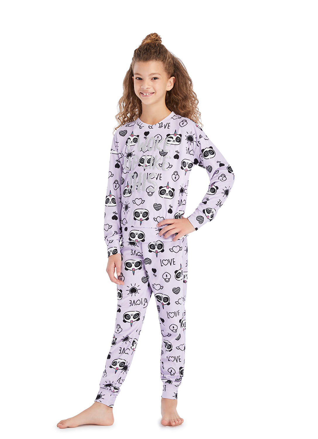 Girl wearing Pajama Set with Panda Print in lavender colour 