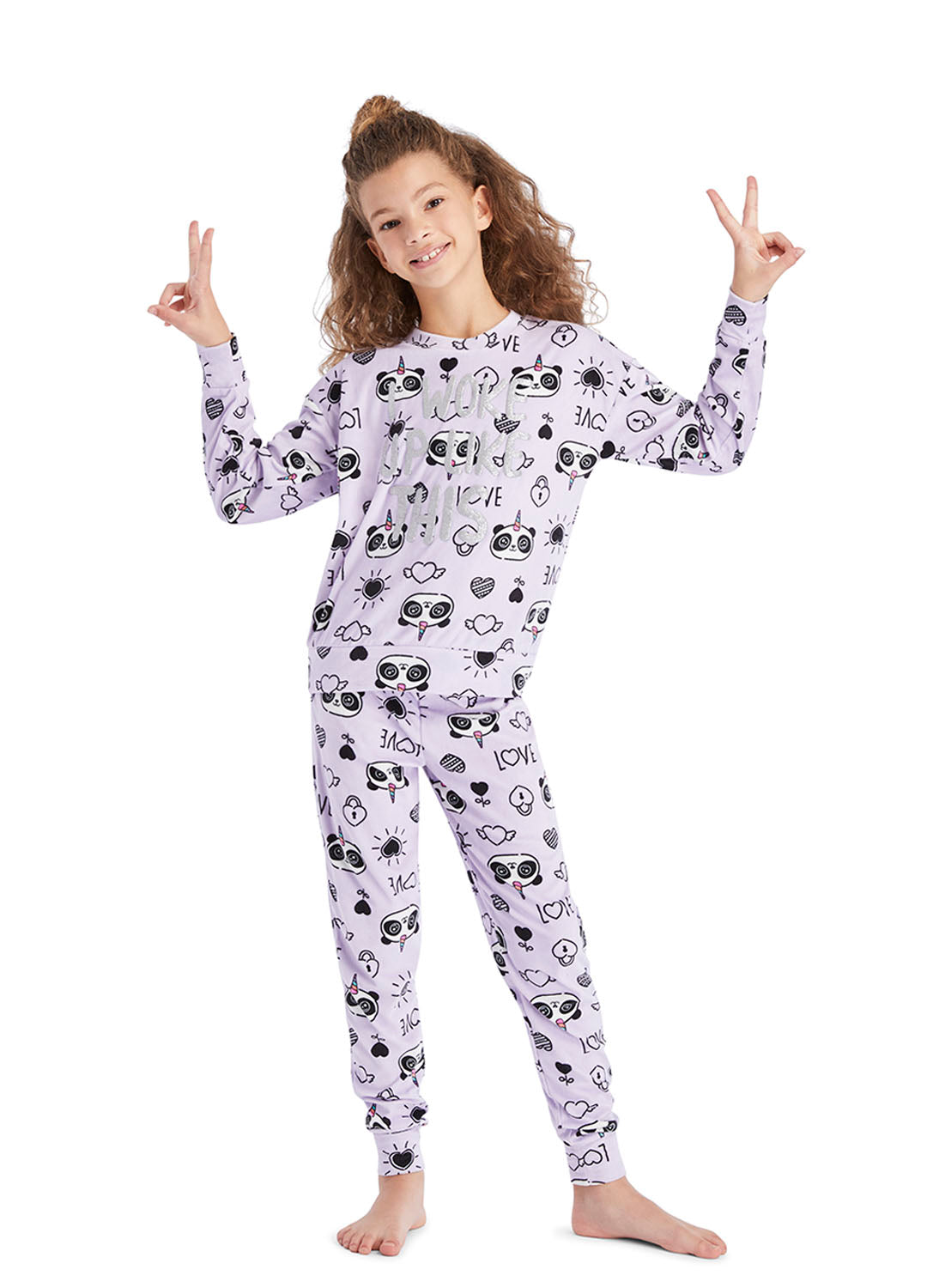 Fun Girl wearing Pajama Set with Panda Print in lavender colour