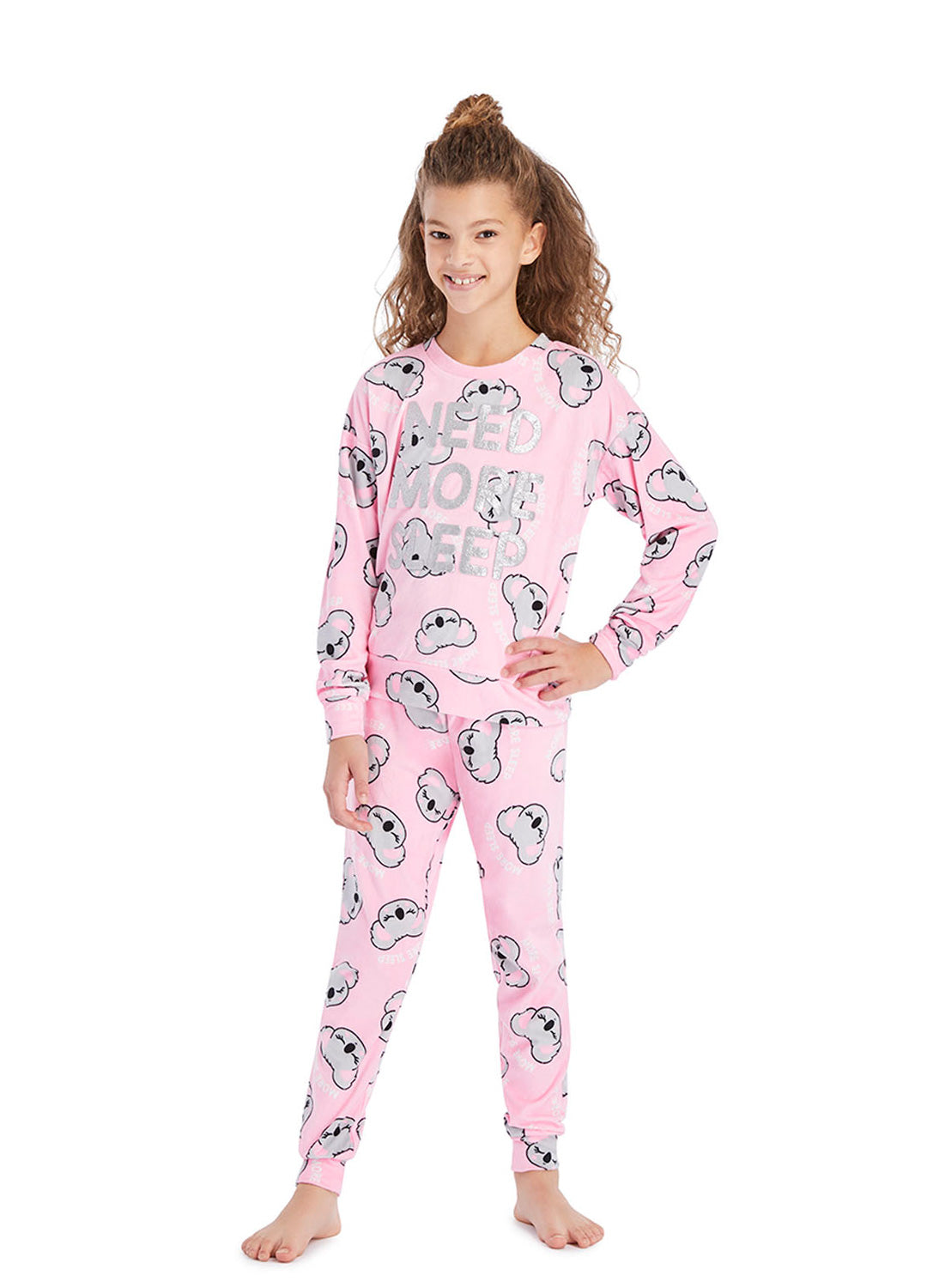 Girl wearing Pajama Set with Pink Koala Print