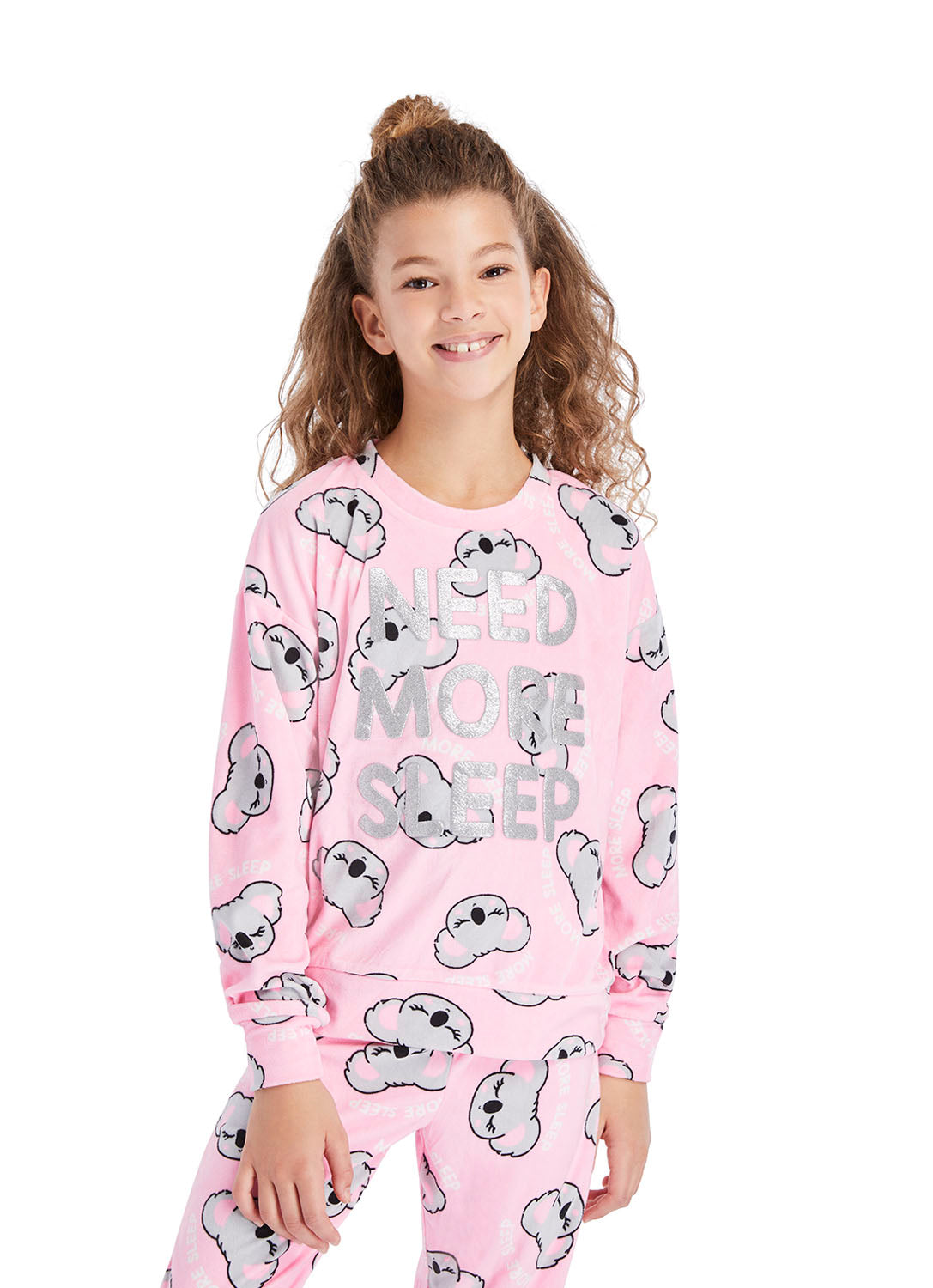 Close Up Girl wearing Pajama Set with Pink Koala Print