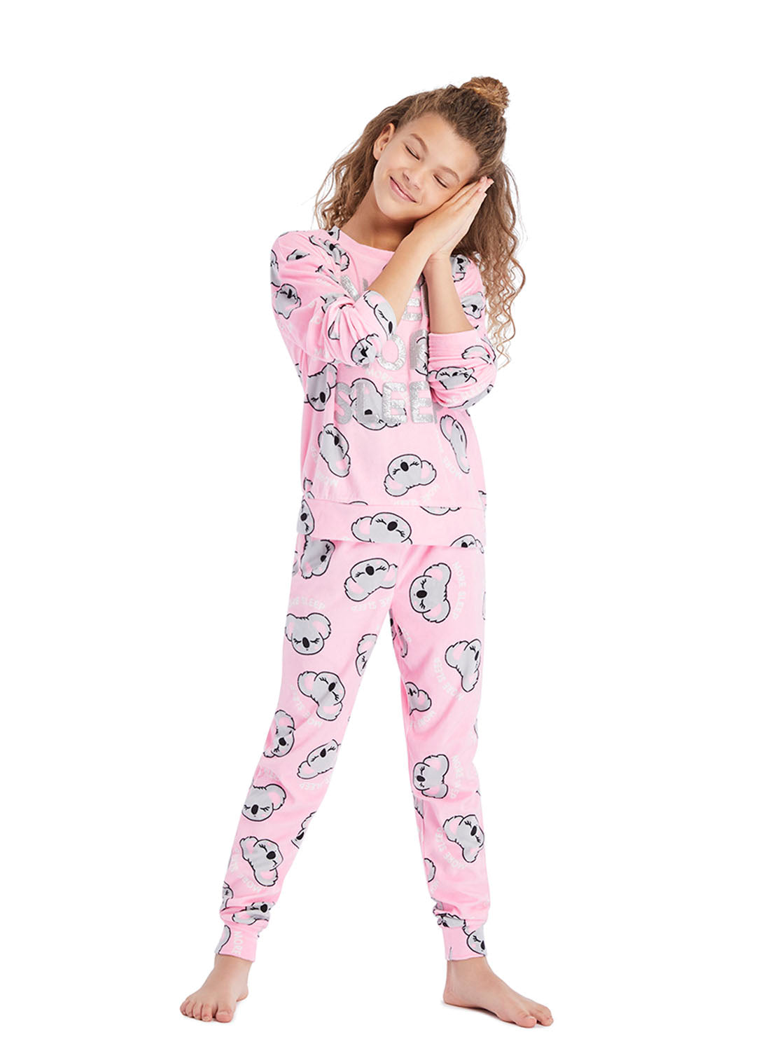 Girl sleeping and wearing Pajama Set with Pink Koala Print