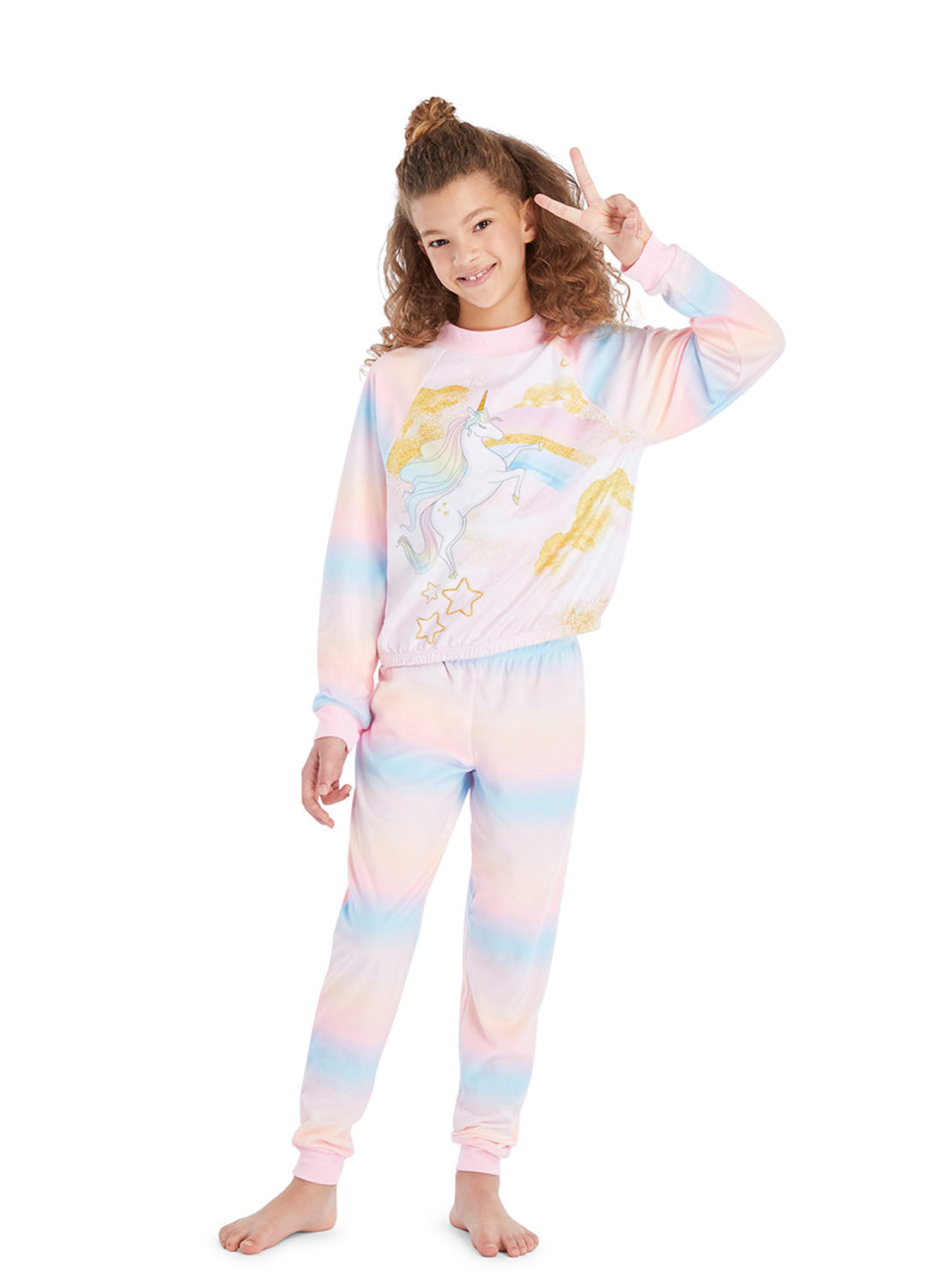 Fun Girl wearing 2 pieces set pajama with Pink Unicorn Print