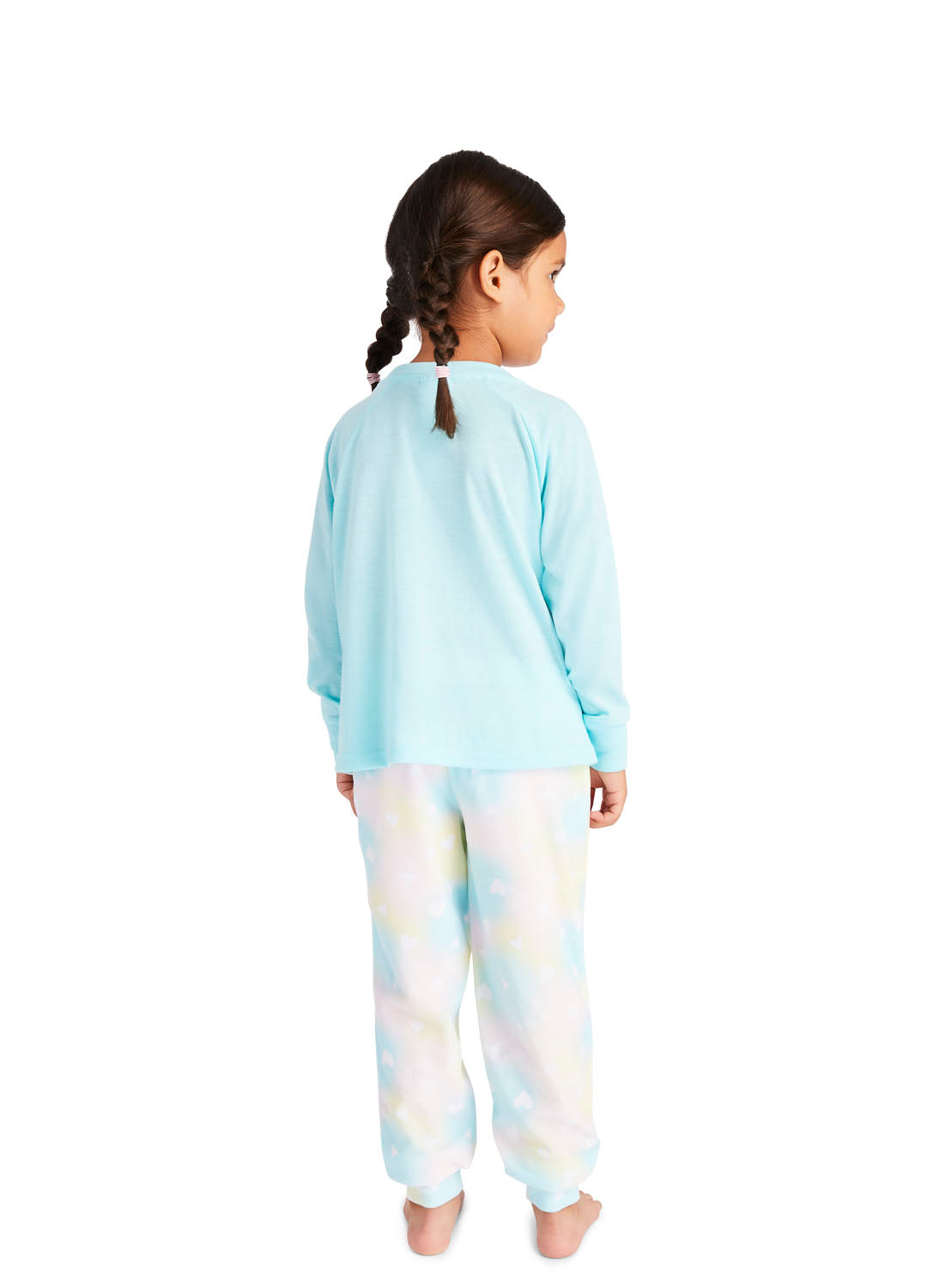 Back view Little girl wearing pajama set with Unicorn print