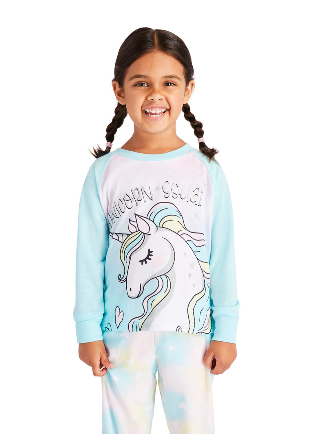 Close Up Little girl wearing pajama set with Unicorn print