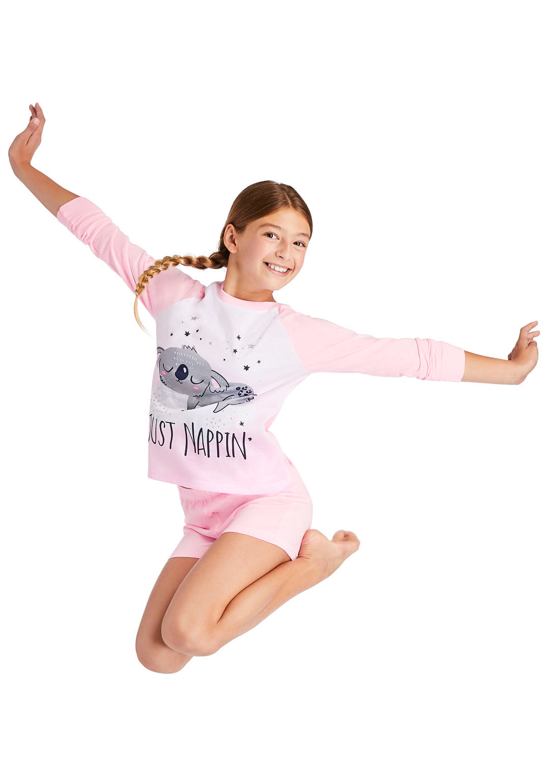 Teen jumping and wearing a Pajama Set, Long Sleeves and Shorts(Koala pink print)