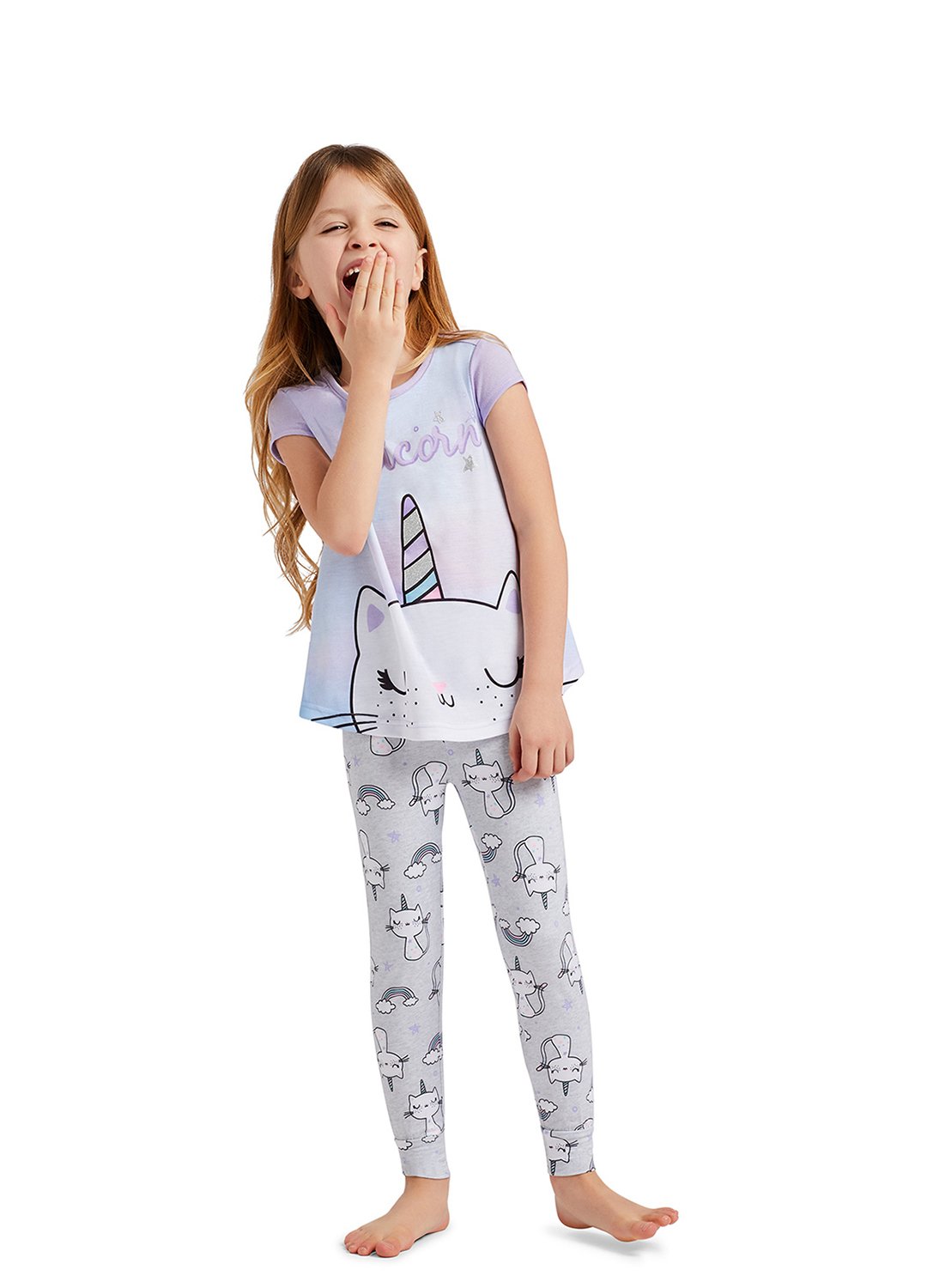 Girl yawning & wearing Lavender Caticorn Top & Gray Jogger Pants