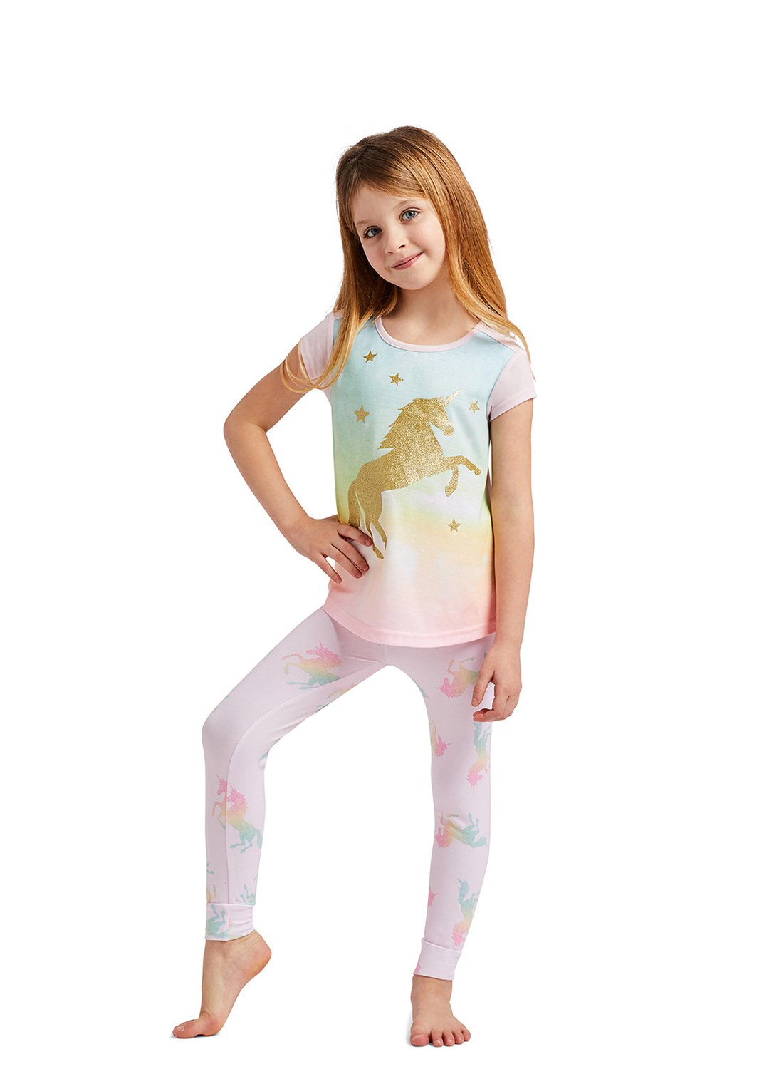 Little Girl wearing Pink Unicorn Glitter Print Top, Jogger Pants