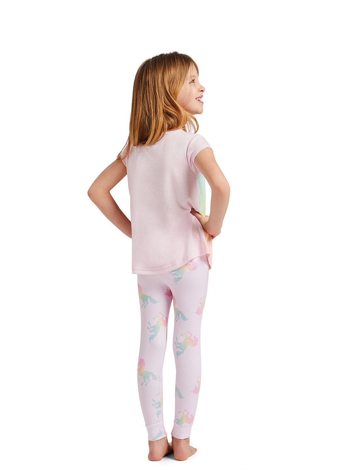 Back view Little Girl wearing Pink Unicorn Glitter Print Top, Jogger Pants