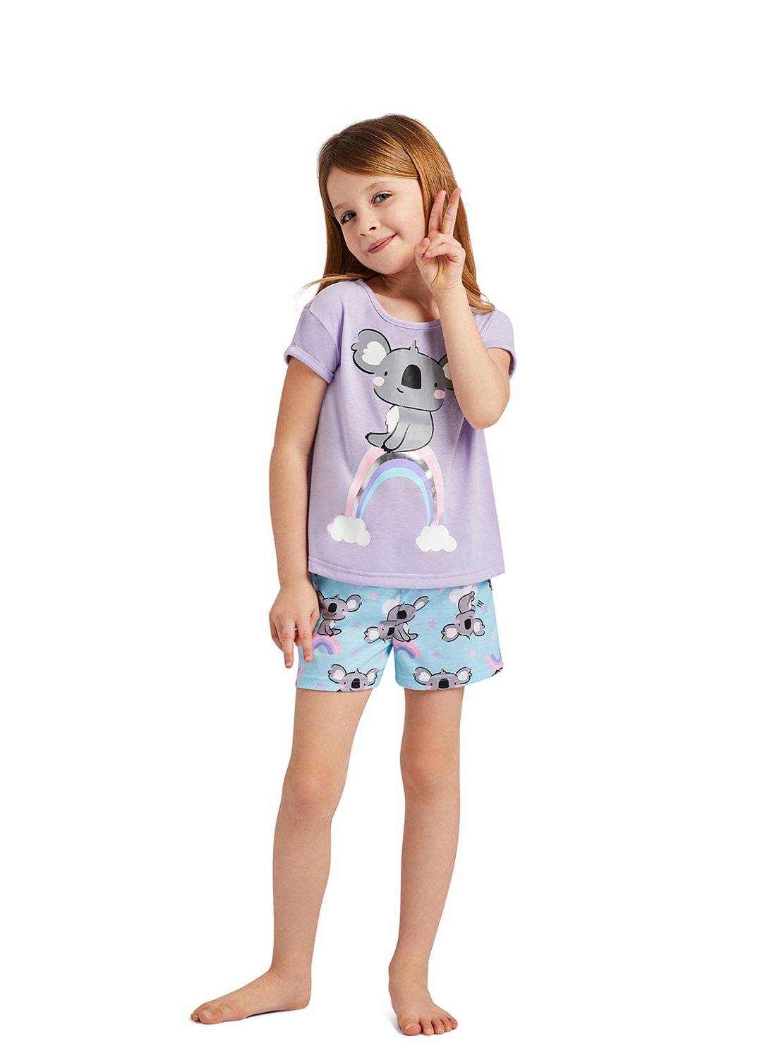 Girl wearing Lilac Koala Pajama Set, t-shirt & shorts