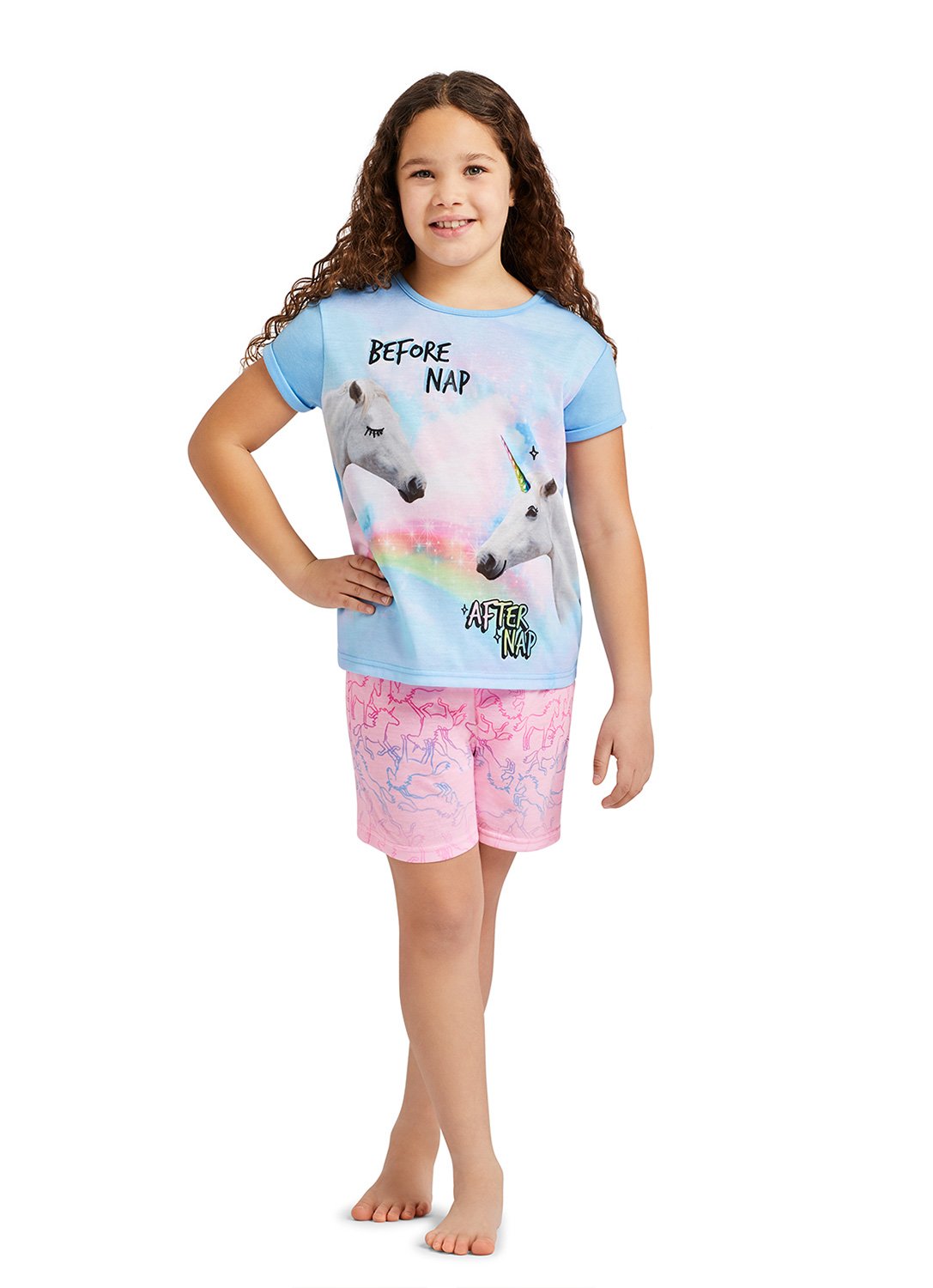 Girl wearing Unicorn Glitter Print Top and Shorts