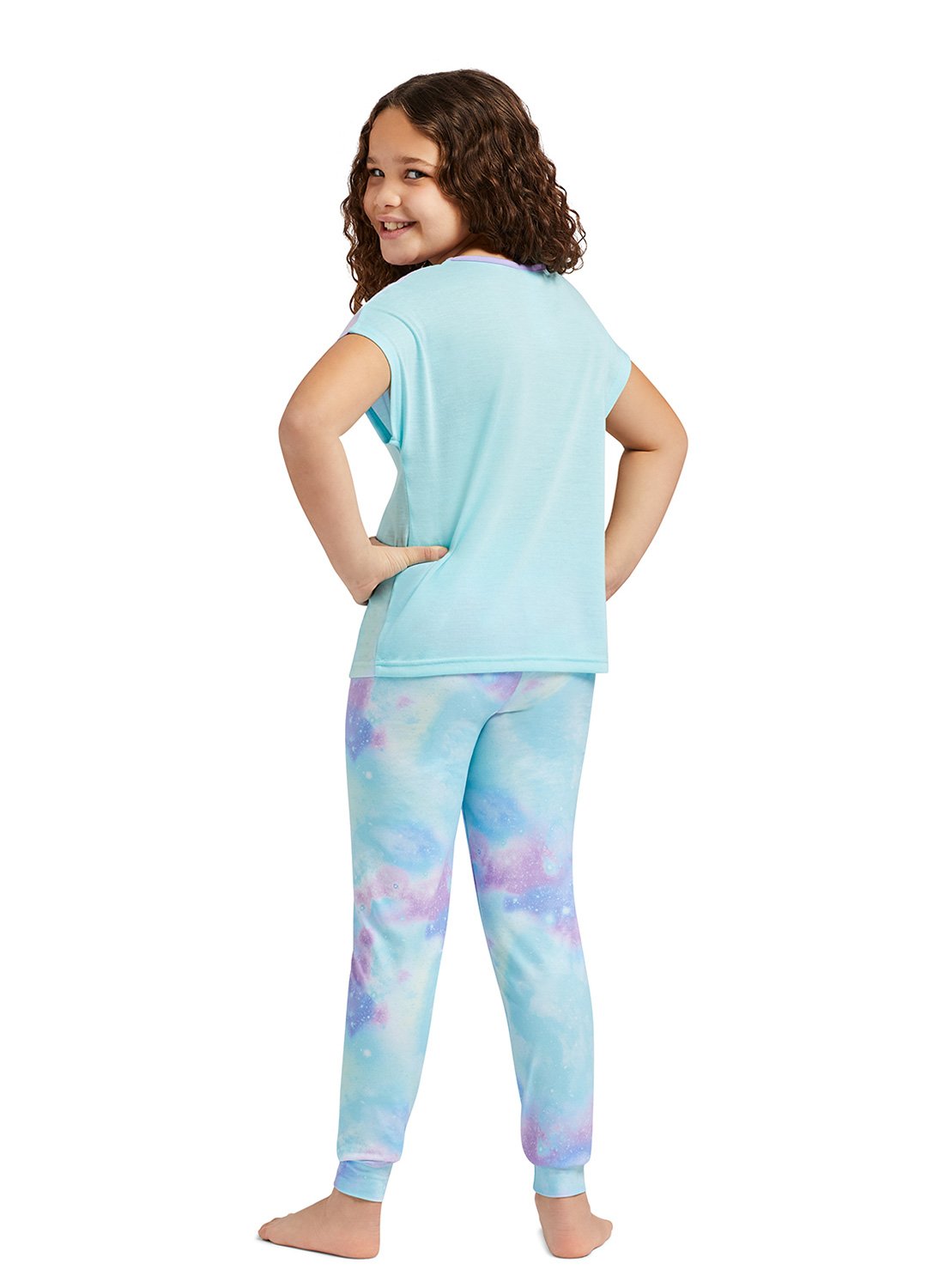 Back view Girl wearing Aqua Mermaid Top, Jogger Pants