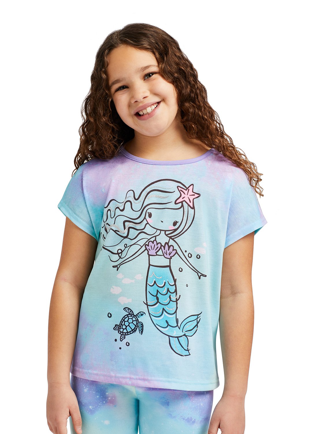 Girl smiling & wearing Aqua Mermaid Top, Jogger Pants