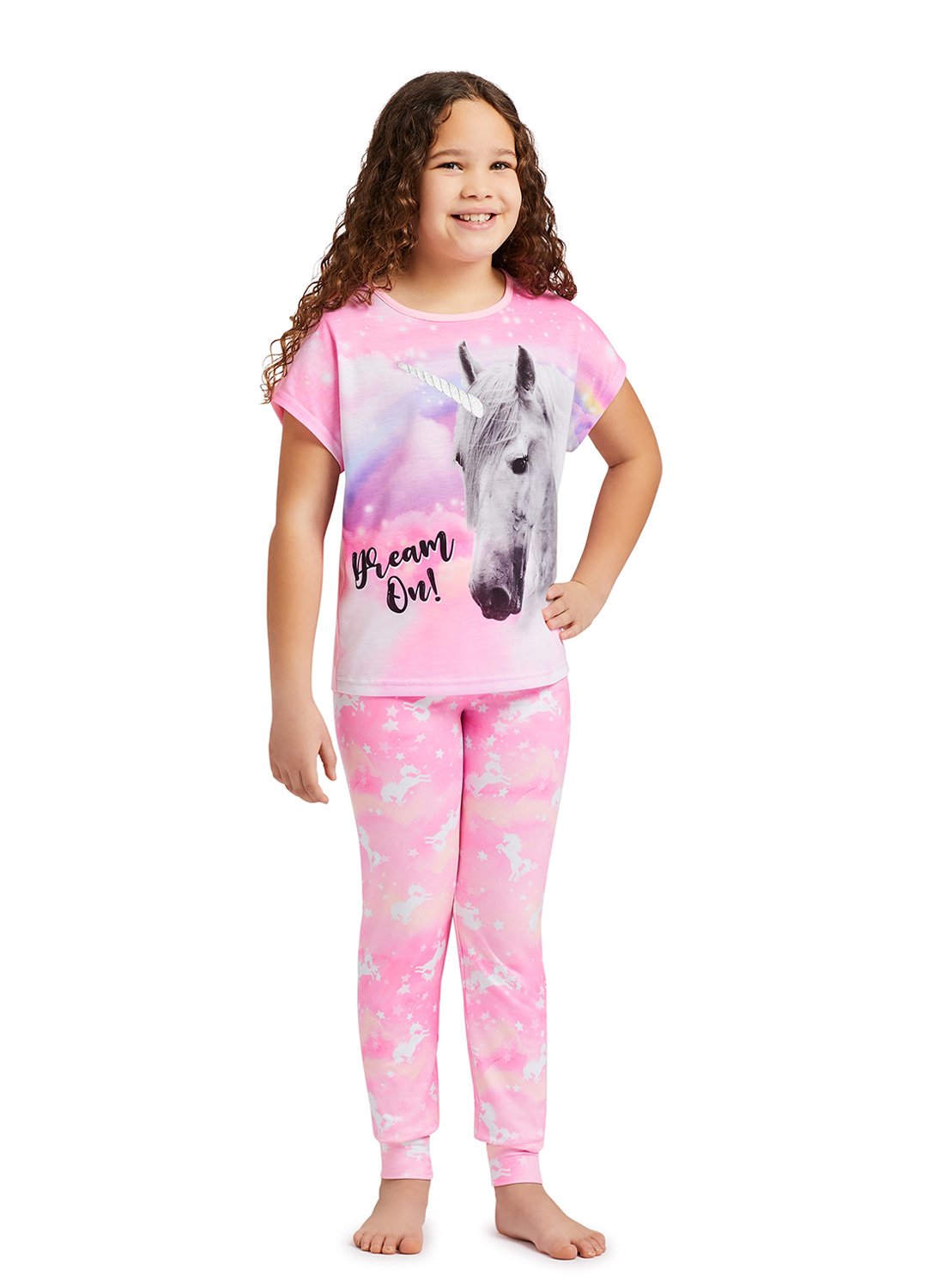 Girl wearing Coral Unicorn Top & Jogger Pants