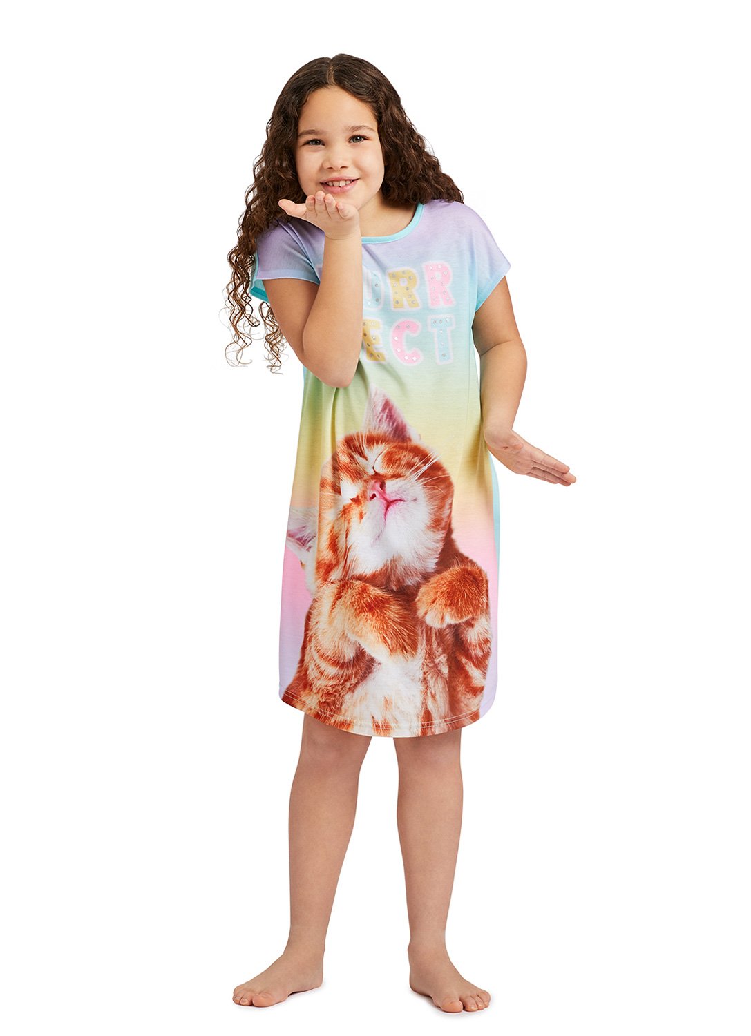 Girl sending a kiss a wearing Short Sleeve Pajama with Cat Glitter Print
