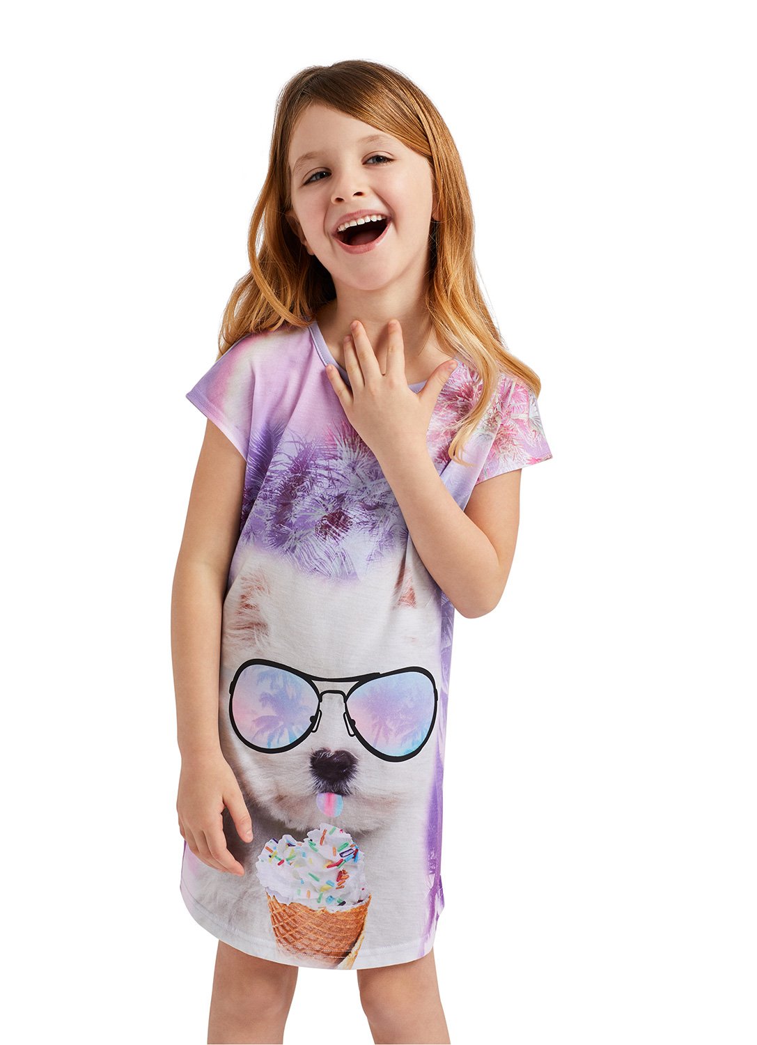 Little girl smiling & wearing Short Sleeve Pajama with Dog Glitter Print