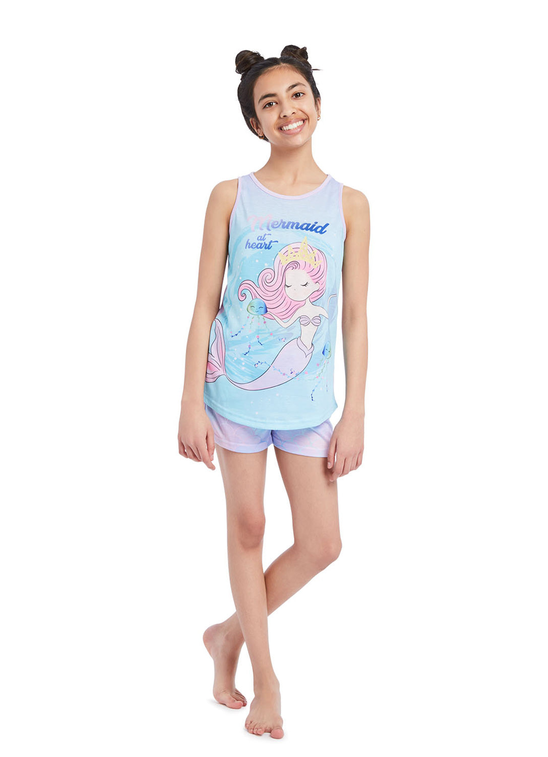 Girl wearing Pj set mermaid, t-shirt with print and shorts
