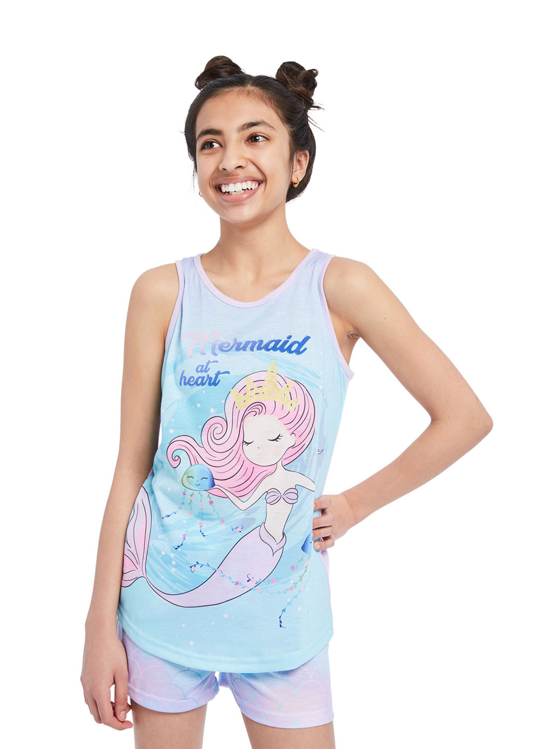 Close up Girl wearing Pj set mermaid, t-shirt with print and shorts