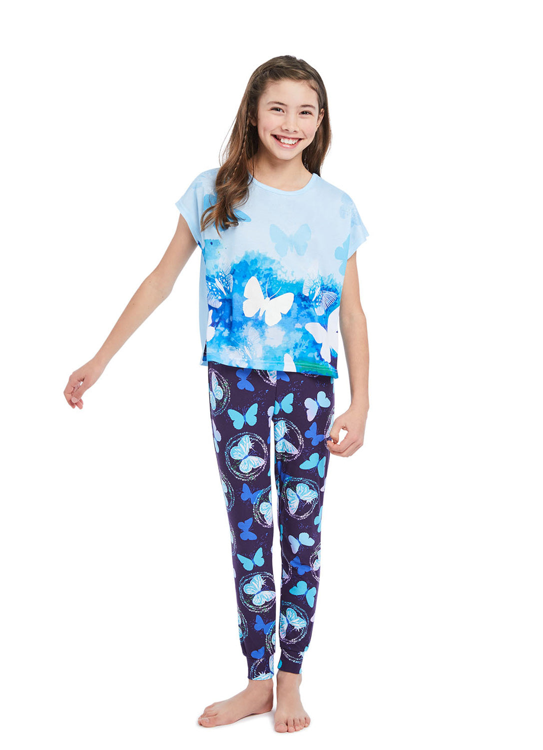 Girl wearing Pj set Butterflies, t-shirt (blue) and pants (navy) with print
