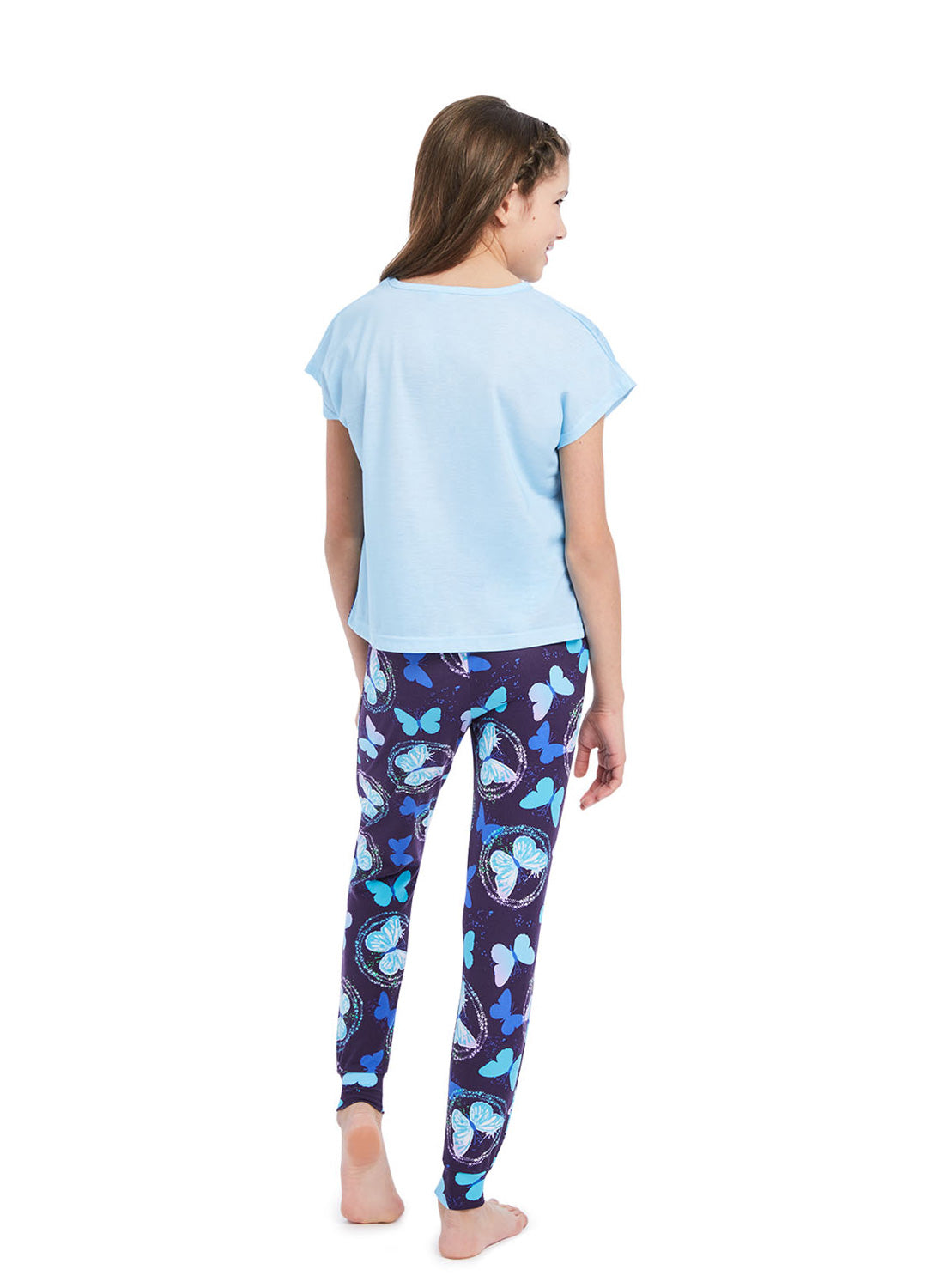 Back view Girl wearing Pj set Butterflies, t-shirt (blue) and pants (navy) with print