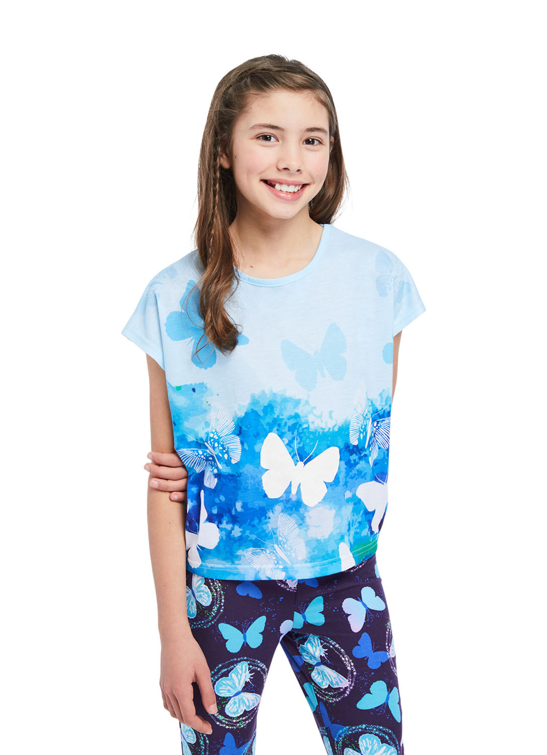 Close up Girl wearing Pj set Butterflies, t-shirt (blue) and pants (navy) with print