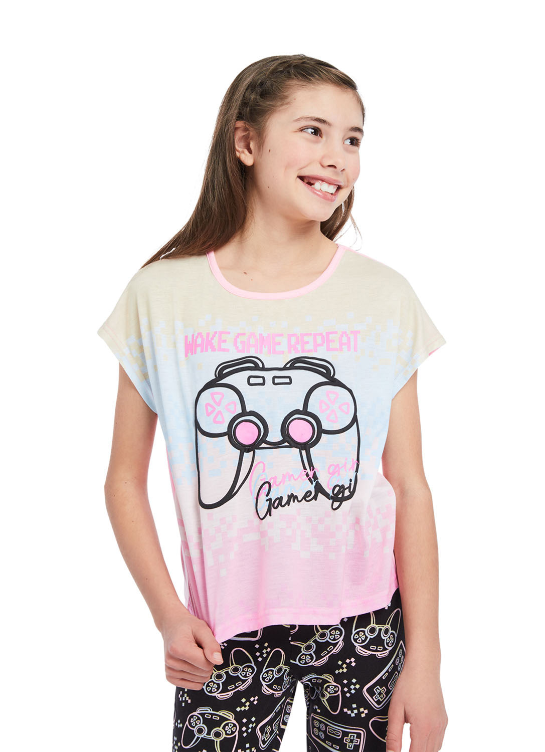 Close up Girl wearing Pj set Gamer, t-shirt (pink) with print and pants (black) with print