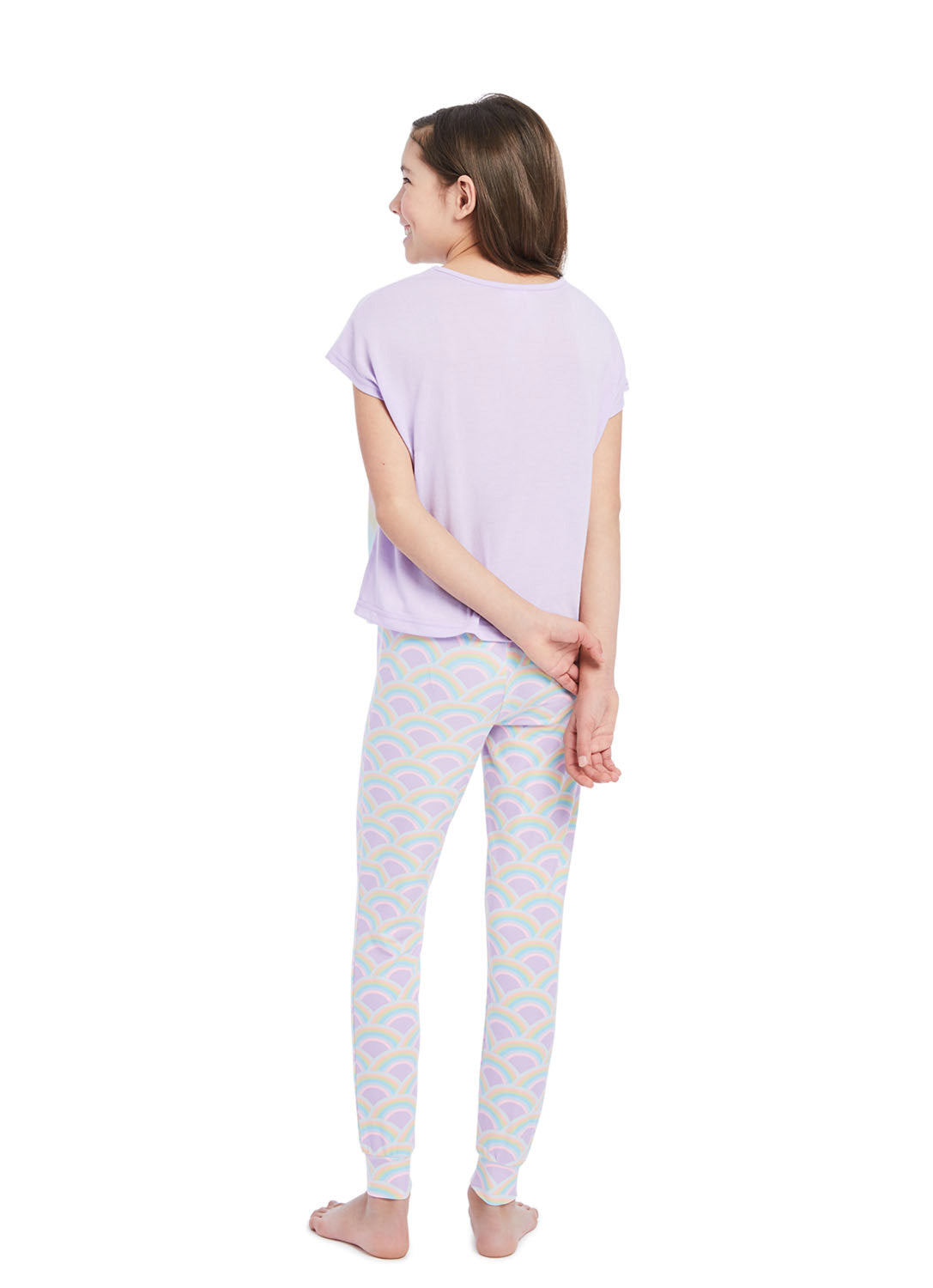 Back view Girl wearing Rainbows Pj set, t-shirt (lilac) with print and Pants (lilac) with Rainbows print