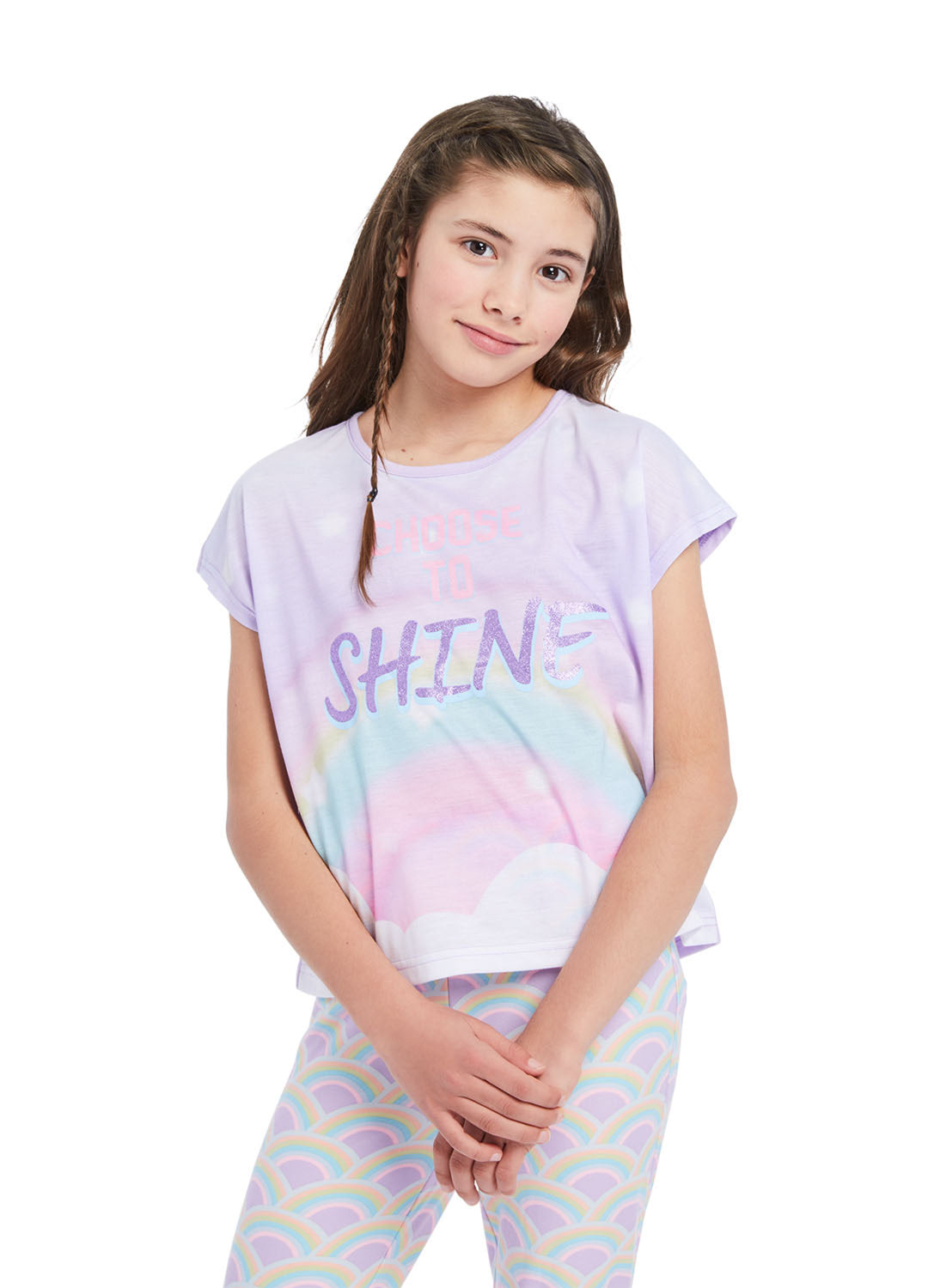 Close up Girl wearing Rainbows Pj set, t-shirt (lilac) with print and Pants (lilac) with Rainbows print