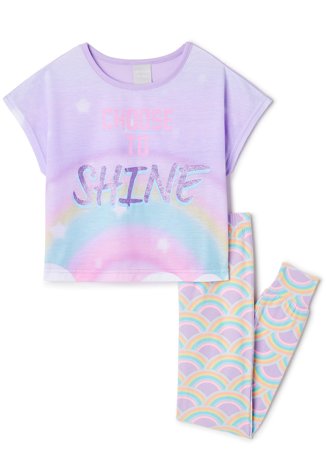 Flat shot Girls' Rainbows Pj set, t-shirt (lilac) with print and Pants (lilac) with Rainbows print