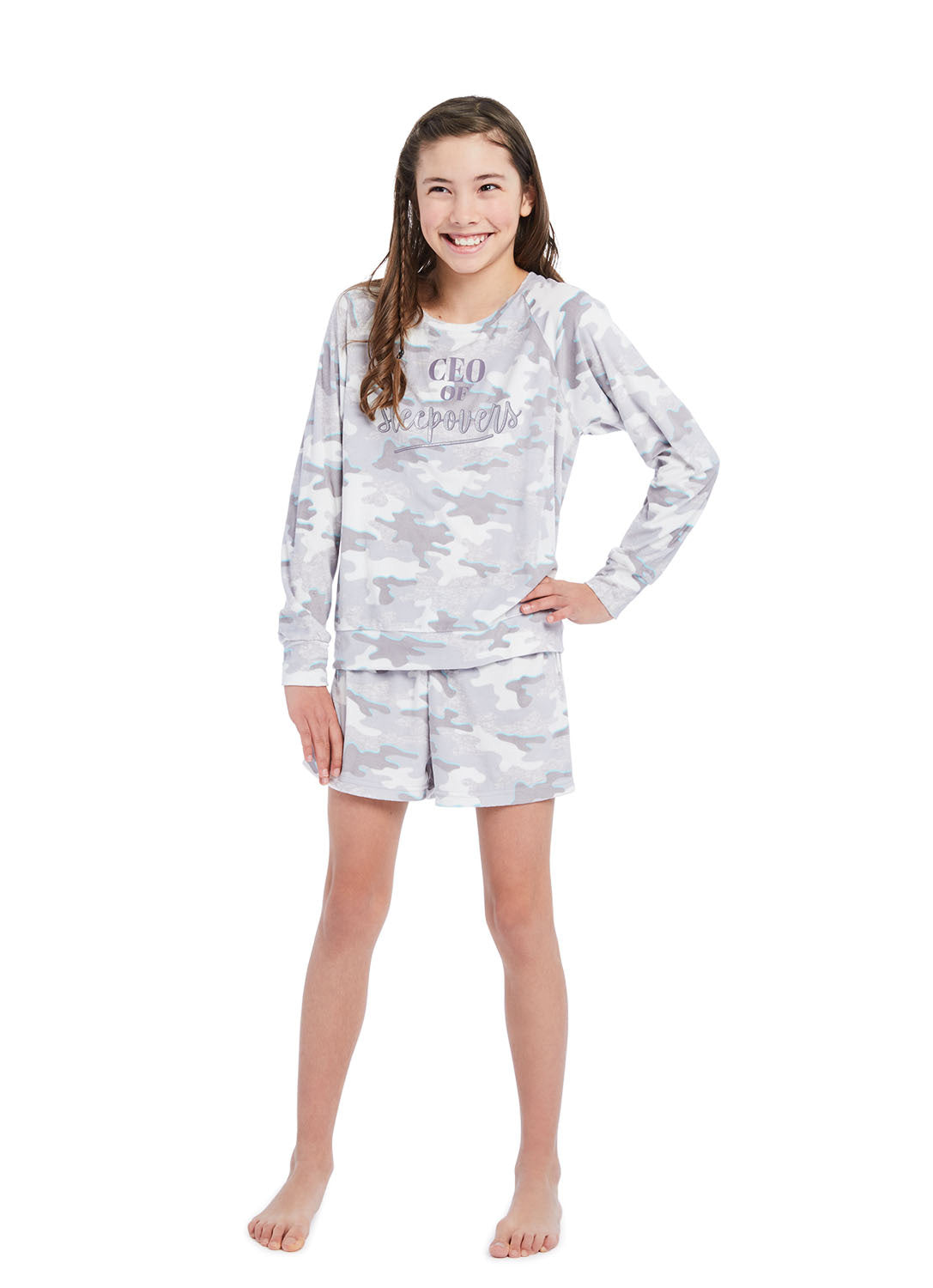 Girl wearing long-sleeved shirt and shorts (gray & white colors)