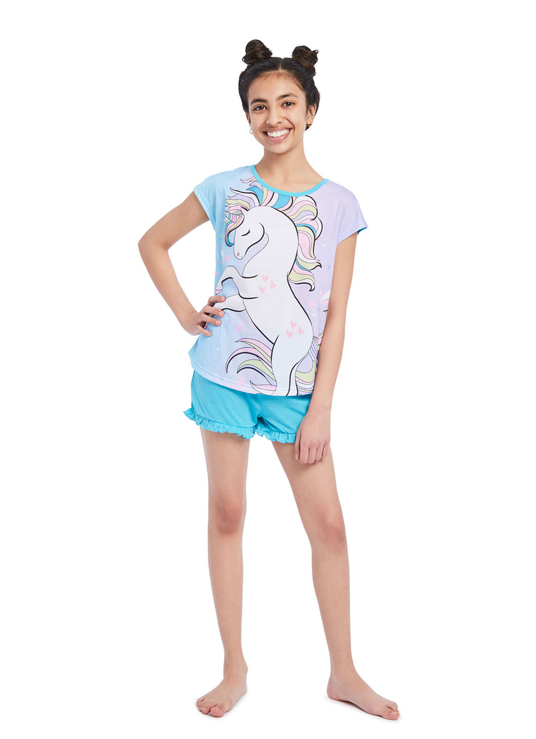Girl wearing Pj set Unicorn, t-shirt (blue/lilac) with print and shorts (blue)