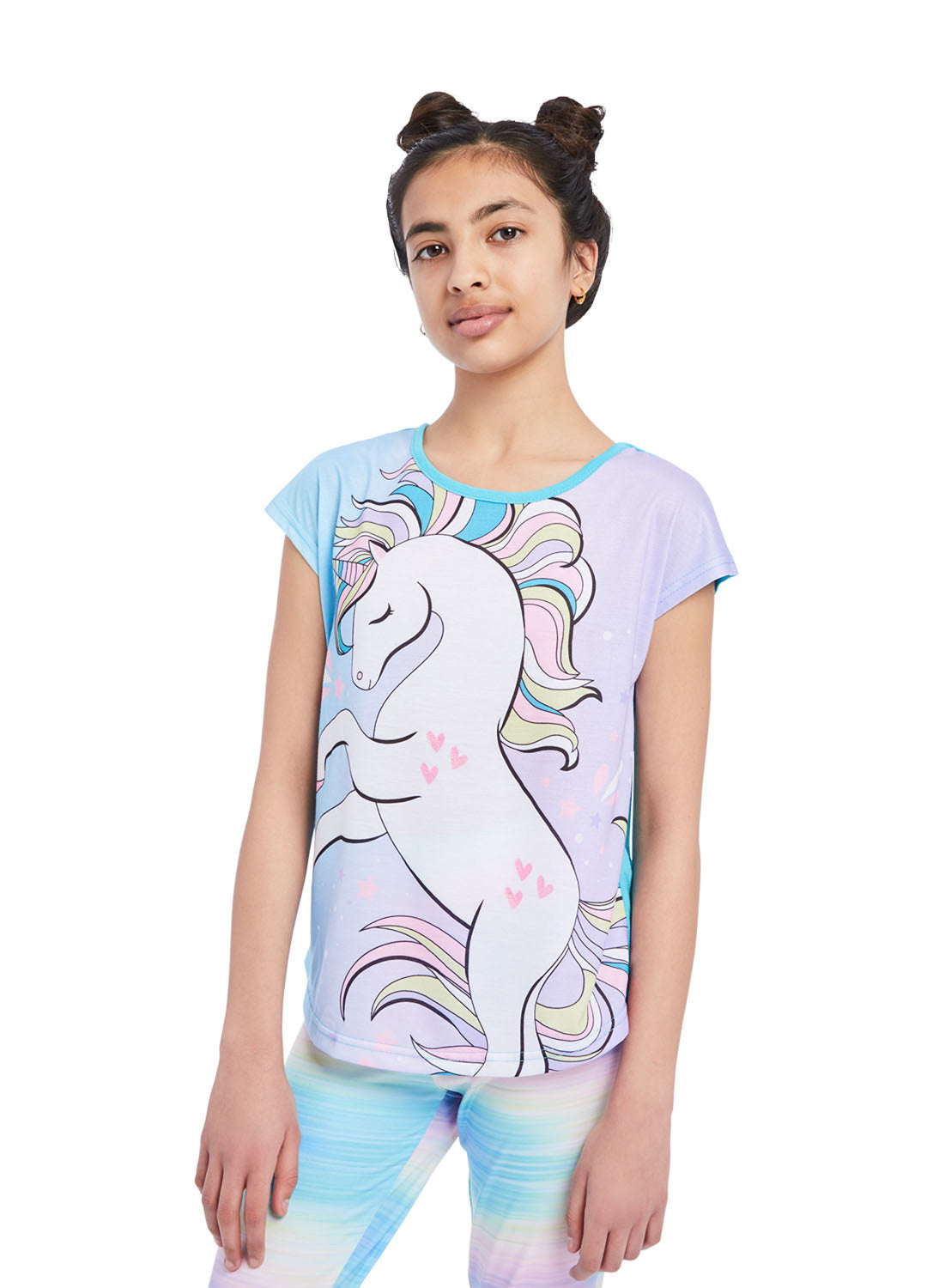 Close up Girl wearing Pj set Unicorn, t-shirt (blue/lilac) with print and pants (multi colour)