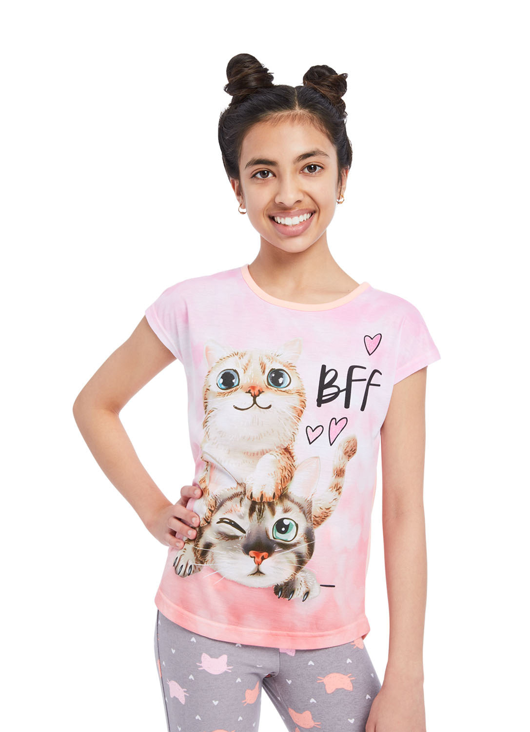 Close up Girl wearing Pj set Cat, t-shirt (pink & peach) with print and pants (gray) with print