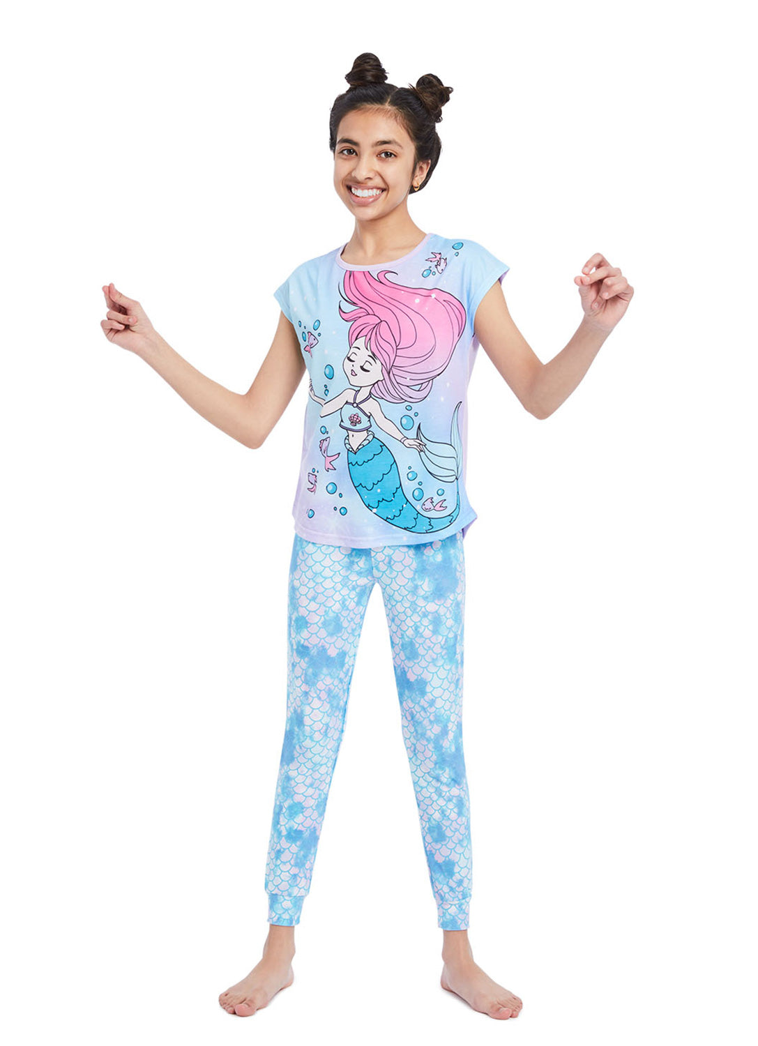 Girl wearing Pj set Mermaid, t-shirt (blue & lilac) with print and pants (blue) print