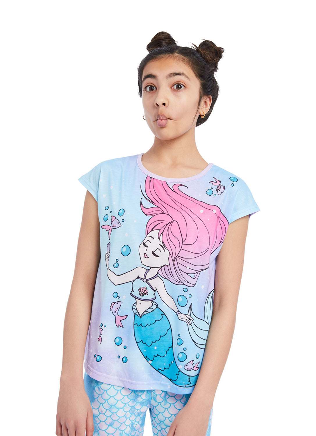 Close up Girl wearing Pj set Mermaid, t-shirt (blue & lilac) with print and pants (blue) print