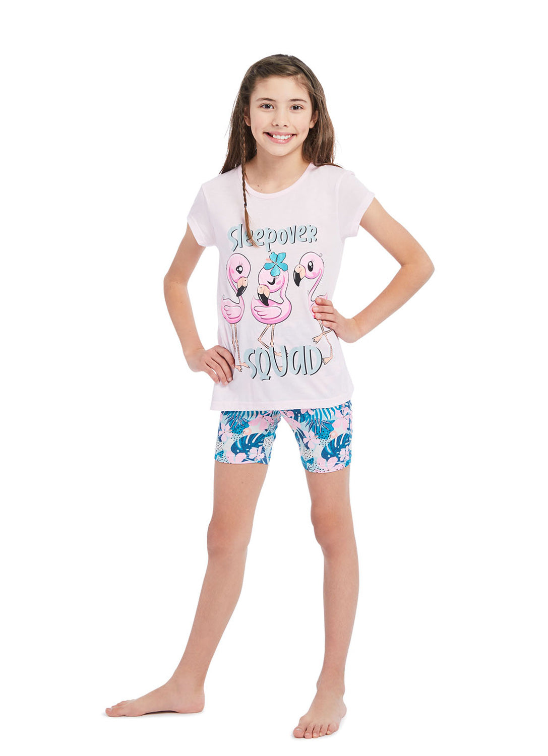 Girl wearing Pajama set Flamingo, t-shirt (pink) with print and shorts (multicolour) with print 