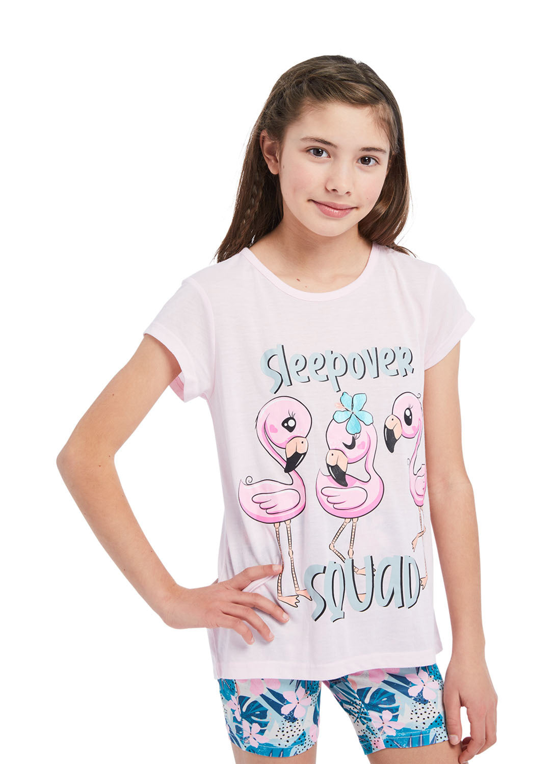 Close up Girl wearing Pajama set Flamingo, t-shirt (pink) with print and shorts (multicolour) with print 