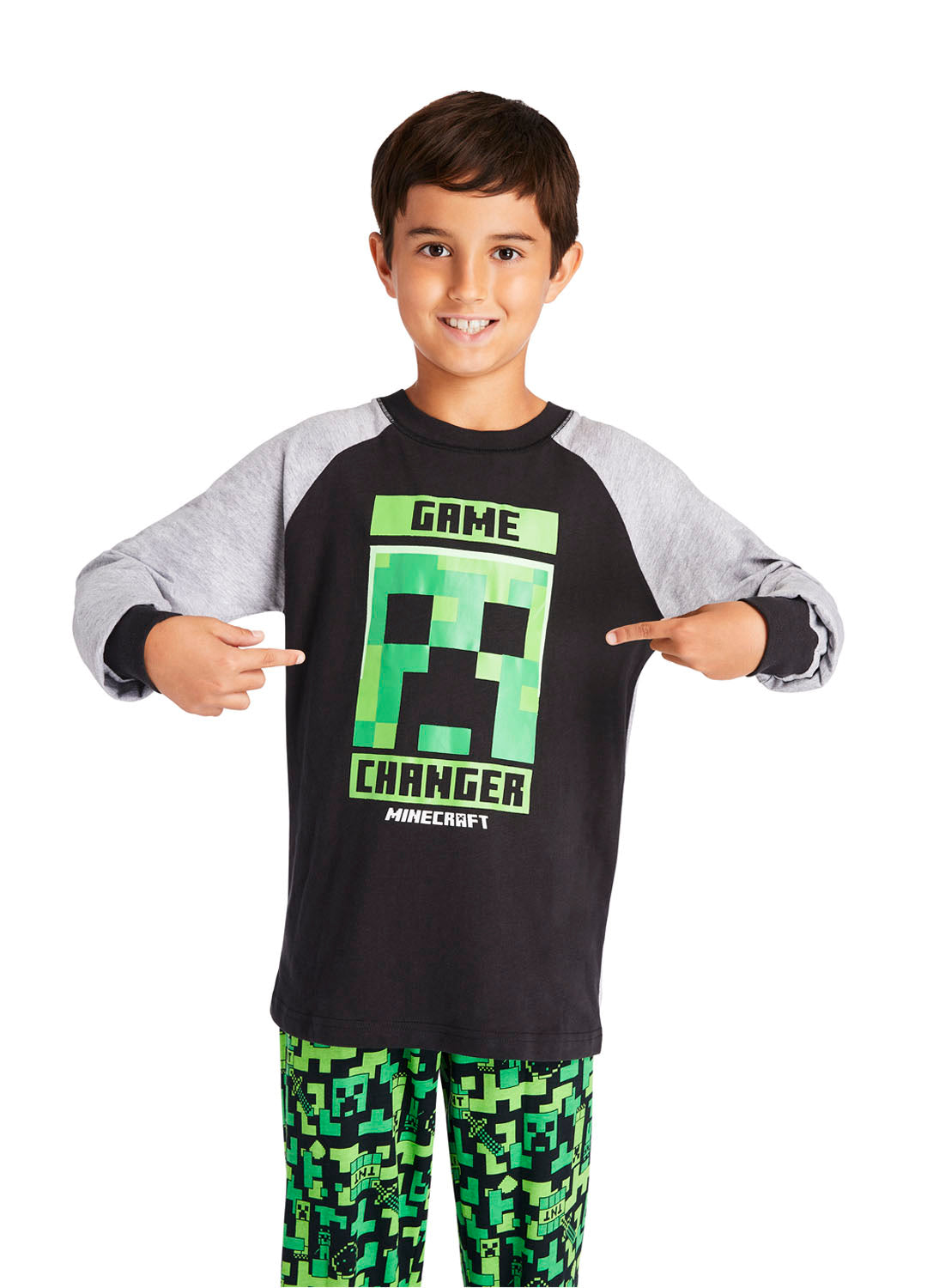 Close Up Boy wearing Minecraft print Pajama Set