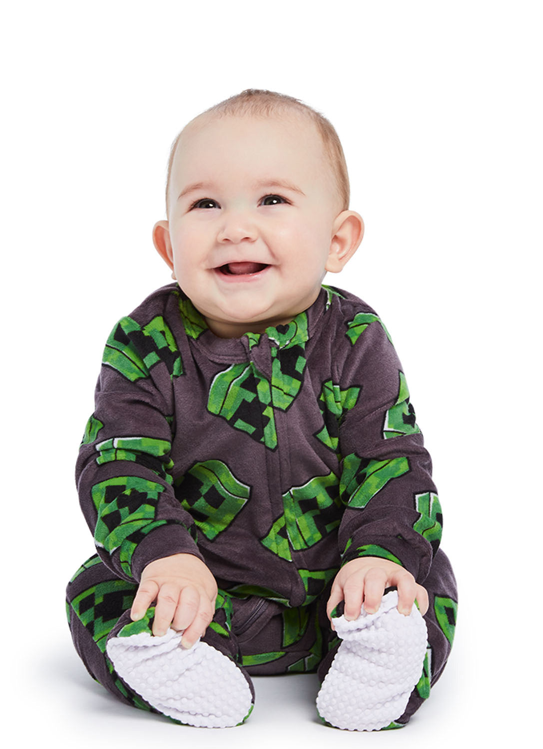 Baby wearing Minecraft onesie (gray & green)
