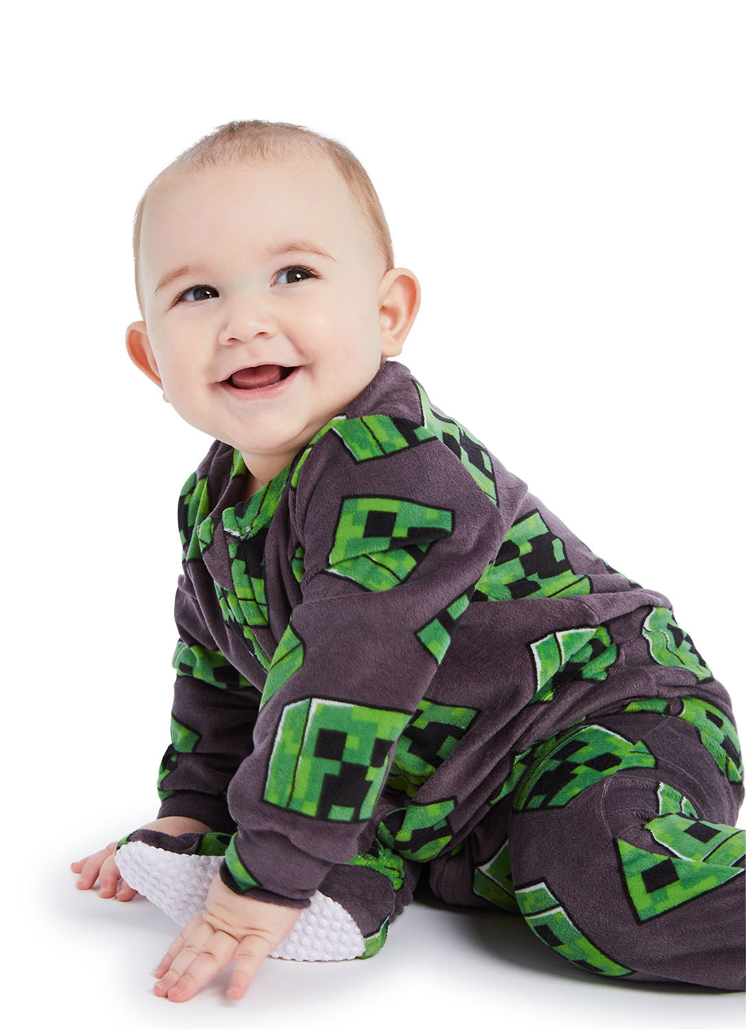 Detail Baby wearing Minecraft onesie (gray & green)