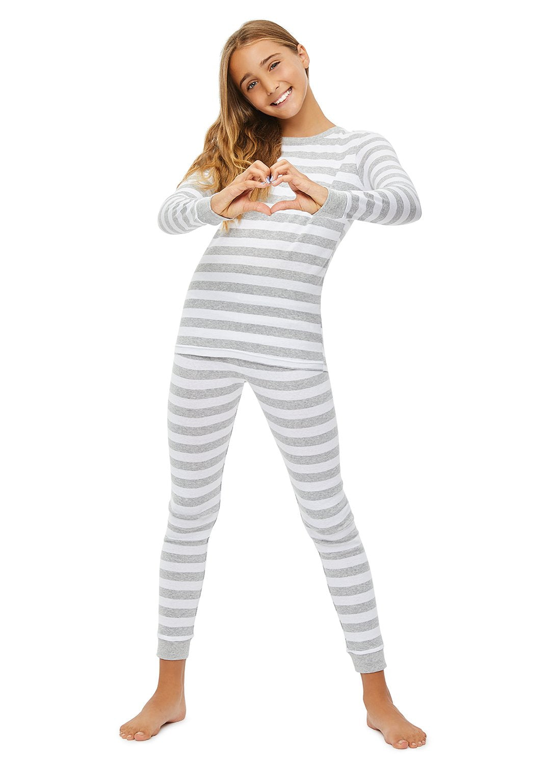 Girl wearing Grey Stripe Pajama Set
