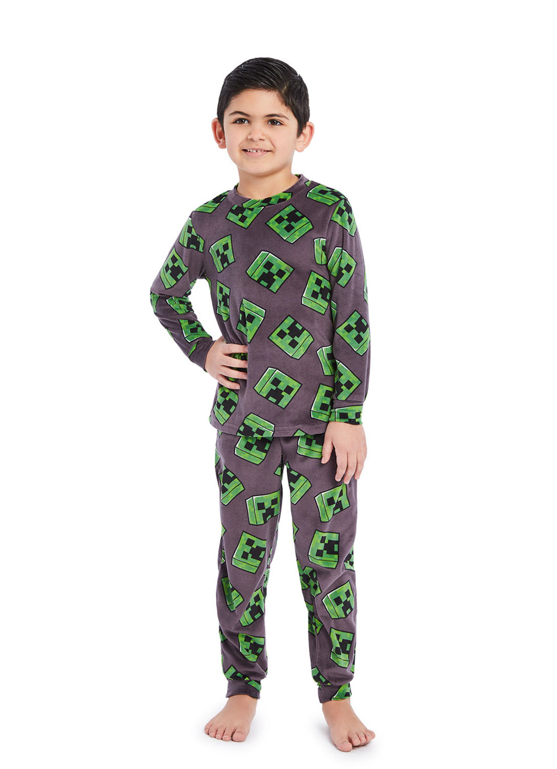 Boy wearing Minecraft PJ set 2 pieces, long sleeve shirt and pants (gray & green)