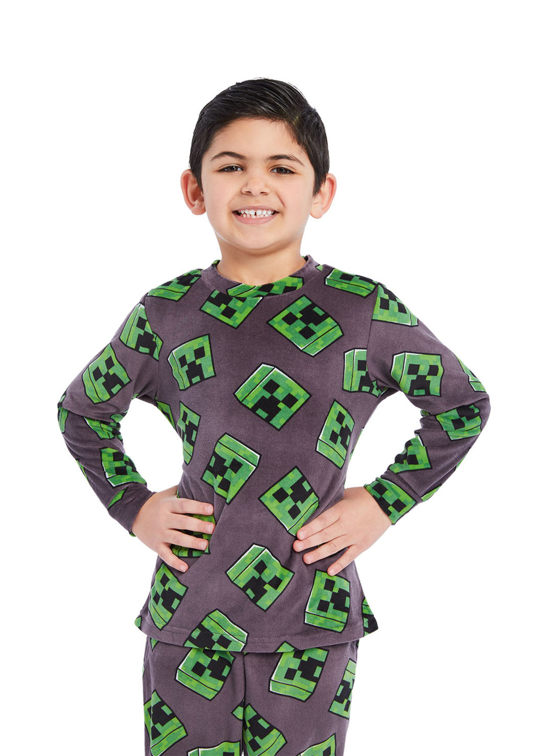 Close up Boy wearing Minecraft PJ set 2 pieces, long sleeve shirt and pants (gray & green)