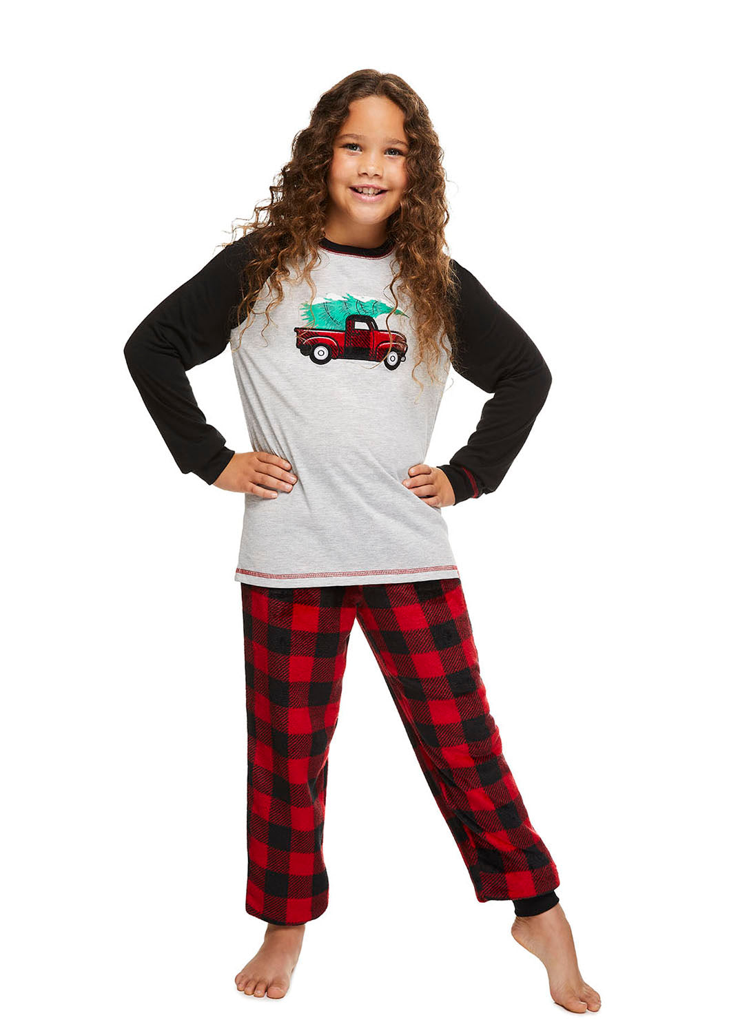 Fun Girl wearing Red Truck Pajama Set