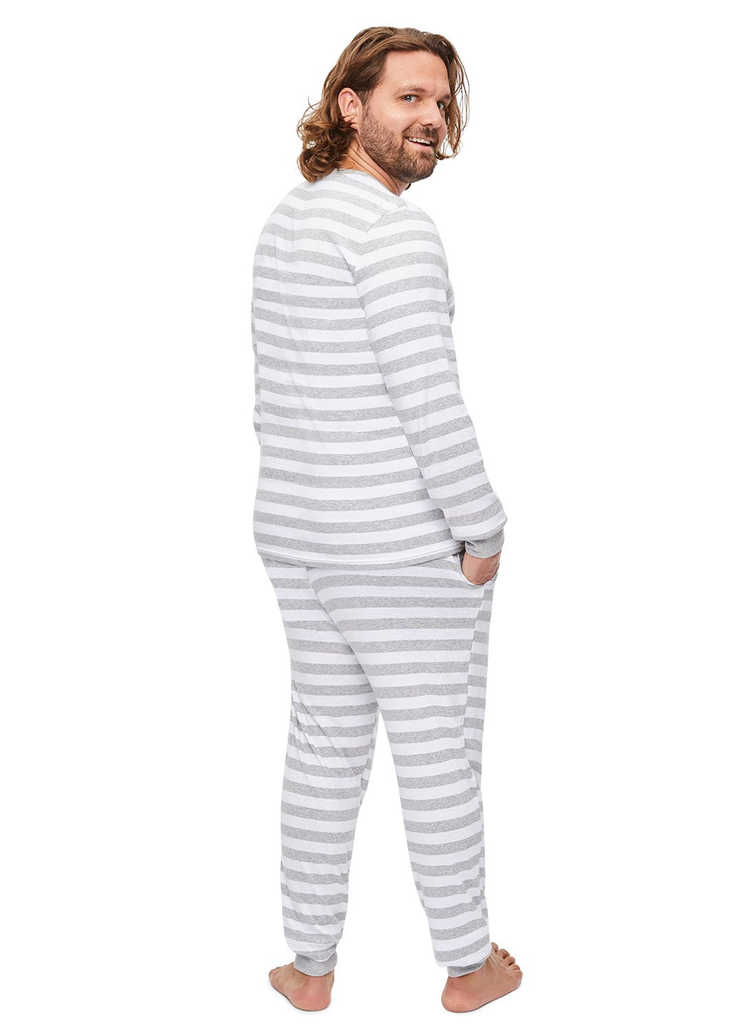 Back view Man wearing Grey Striped Sleepwear Pajama Set