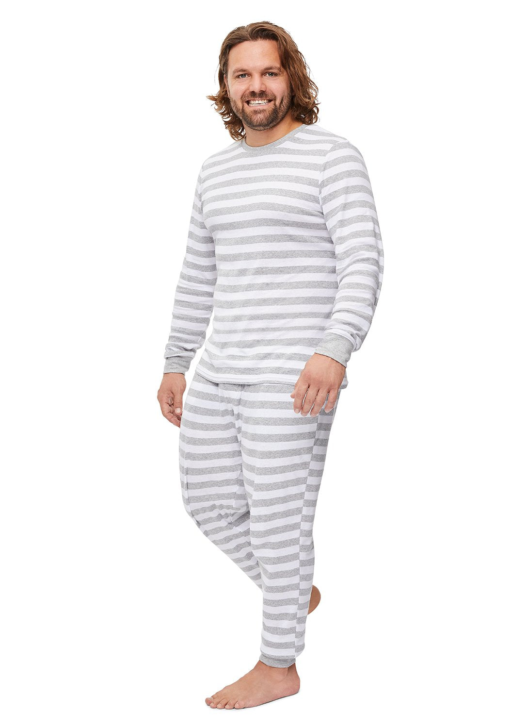 Man smiling & wearing Grey Striped Sleepwear Pajama Set