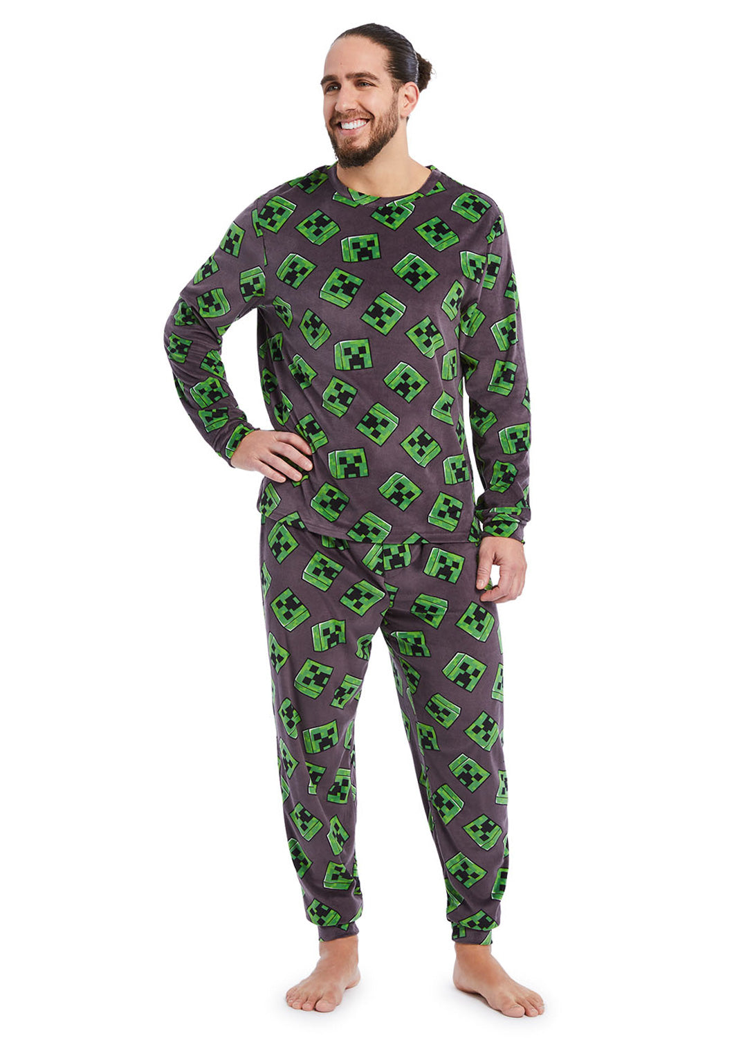 Man wearing Minecraft PJ set 2 pieces, long sleeve shirt and pants (gray & green)